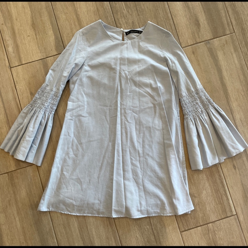 Zara Chambray Mini Dress with Ruched Bell Sleeves Size XS